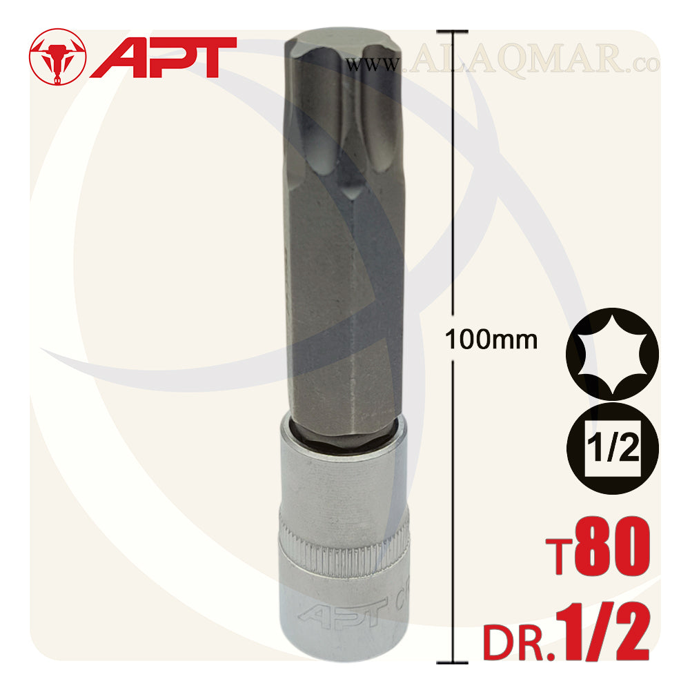 لقمة رباط الن نجمة توركس طويلة T80 مربع 1/2بوصة طول 100ملي CrV 129080TD APT
