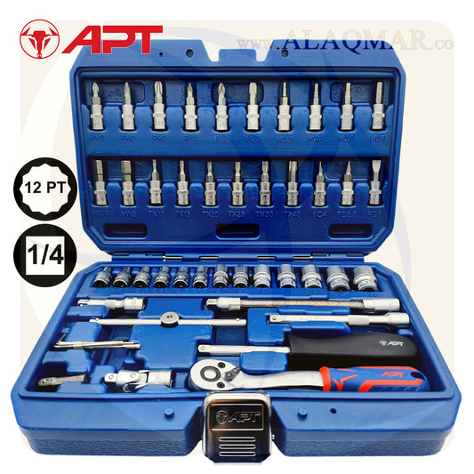 طقم لقم رباط مشرشرة و لقم سن مفك علي مربع 1/4بوصة 46ق شنطة بلاستيك CrV 141046A APT