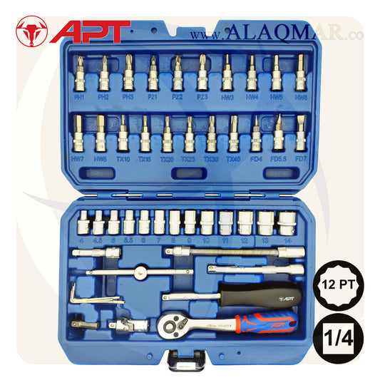 طقم لقم رباط مشرشرة و لقم سن مفك علي مربع 1/4بوصة 46ق شنطة بلاستيك CrV 141046A APT