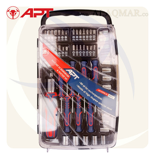 طقم مفك راتشة و لقم و سنون 1/4بوصة 54ق علبة بلاستيك AH147078-54 APT