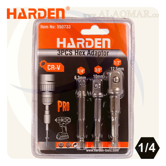طقم ادابتر لقمة رباط 3ق من اكس مسدس 1/4بوصة الي مربع 1/4+3/8+1/2بوصة طول 50ملي CrV 550733 HARDEN