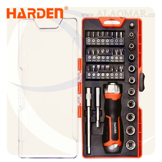 طقم مفك راتشة و لقم و سنون 1/4بوصة 38ق علبة بلاستيك 551238 HARDEN