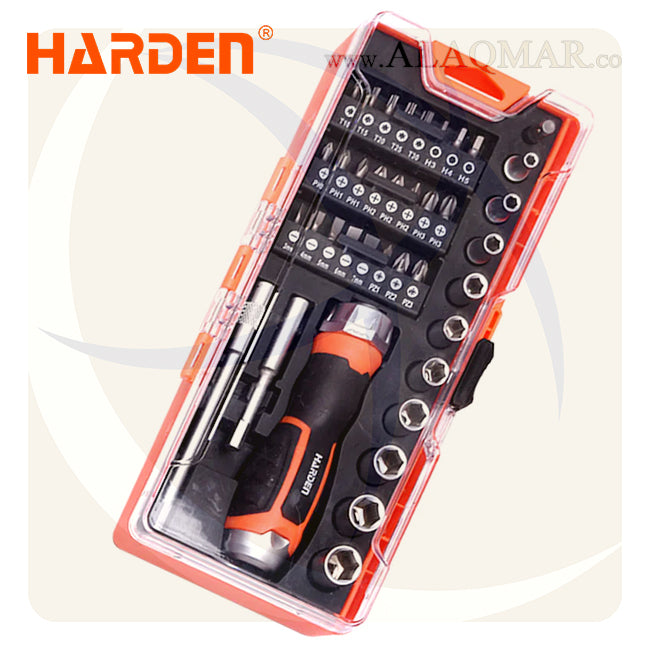 طقم مفك راتشة و لقم و سنون 1/4بوصة 38ق علبة بلاستيك 551238 HARDEN