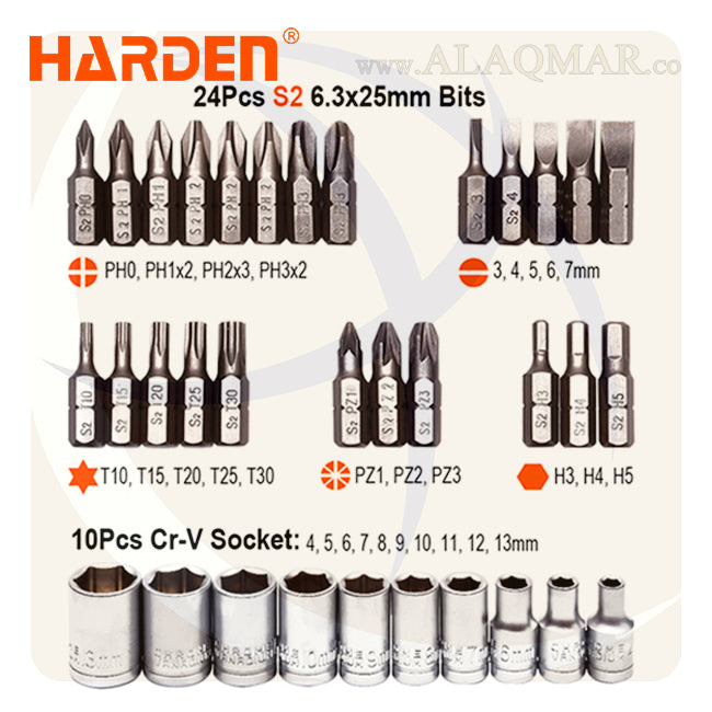 طقم مفك راتشة و لقم و سنون 1/4بوصة 38ق علبة بلاستيك 551238 HARDEN