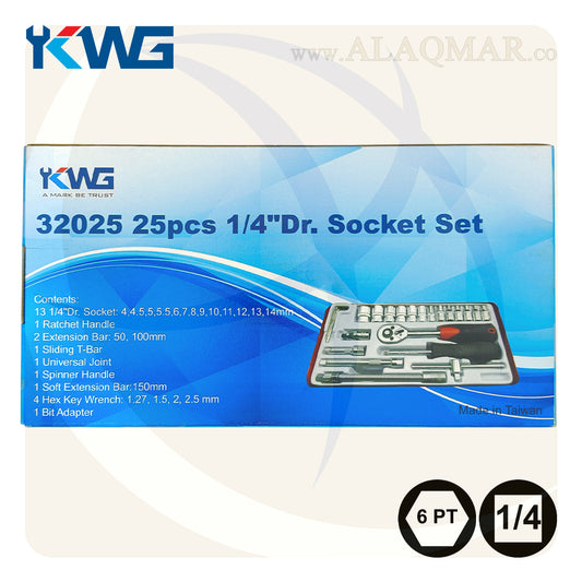 طقم لقم رباط مسدسة مربع 1/4بوصة 25ق شنطة صاج 32025 KWG