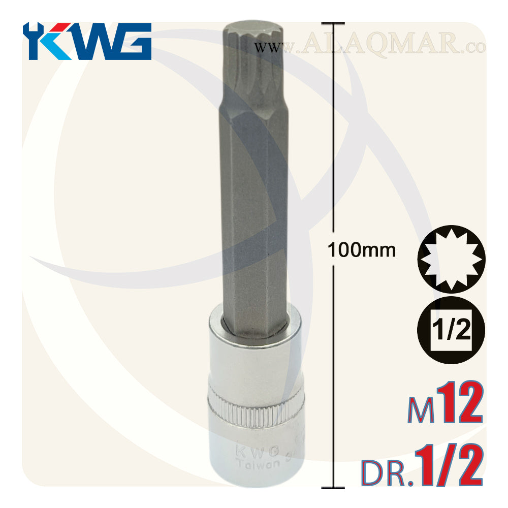 لقمة رباط الن نجمة مشرشرة طويلة M12 مربع 1/2بوصة طول 100ملي CrV M.34230212 KWG