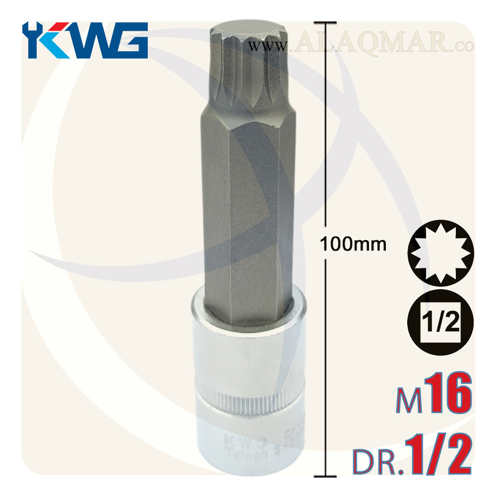 لقمة رباط الن نجمة مشرشرة طويلة M16 مربع 1/2بوصة طول 100ملي CrV M.34230216 KWG