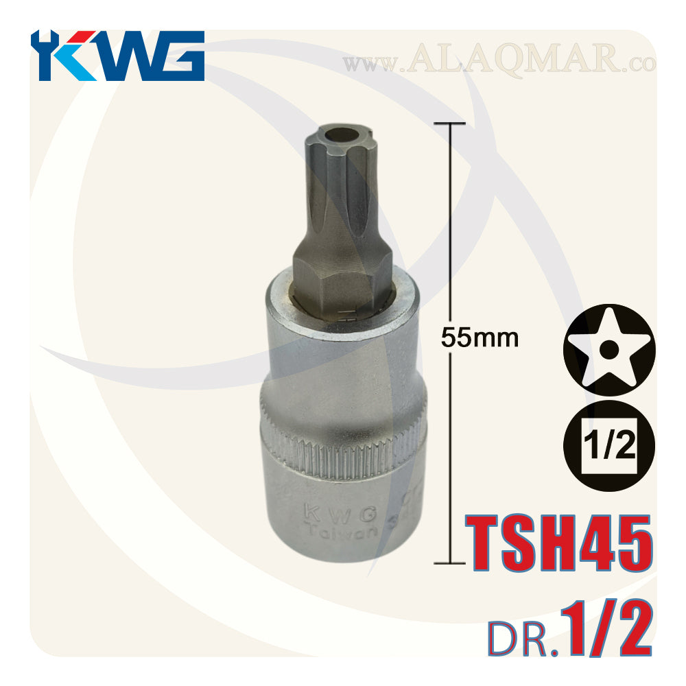 لقمة رباط الن نجمة 5سن بدليل T45 مربع 1/2بوصة طول 55ملي CrV M.342545H KWG