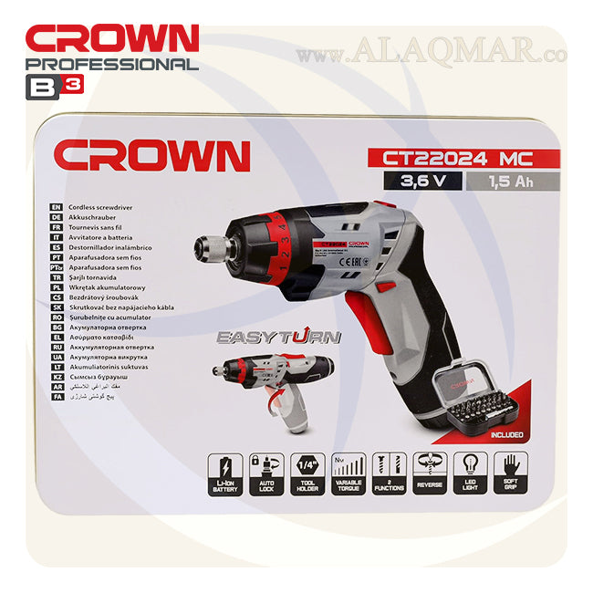 مفك بطارية حل و ربط مسدس 1/4بوصة 3.6فولت 4نيوتن 1.5امبير Li-Ion + سنون CT22024 CROWN