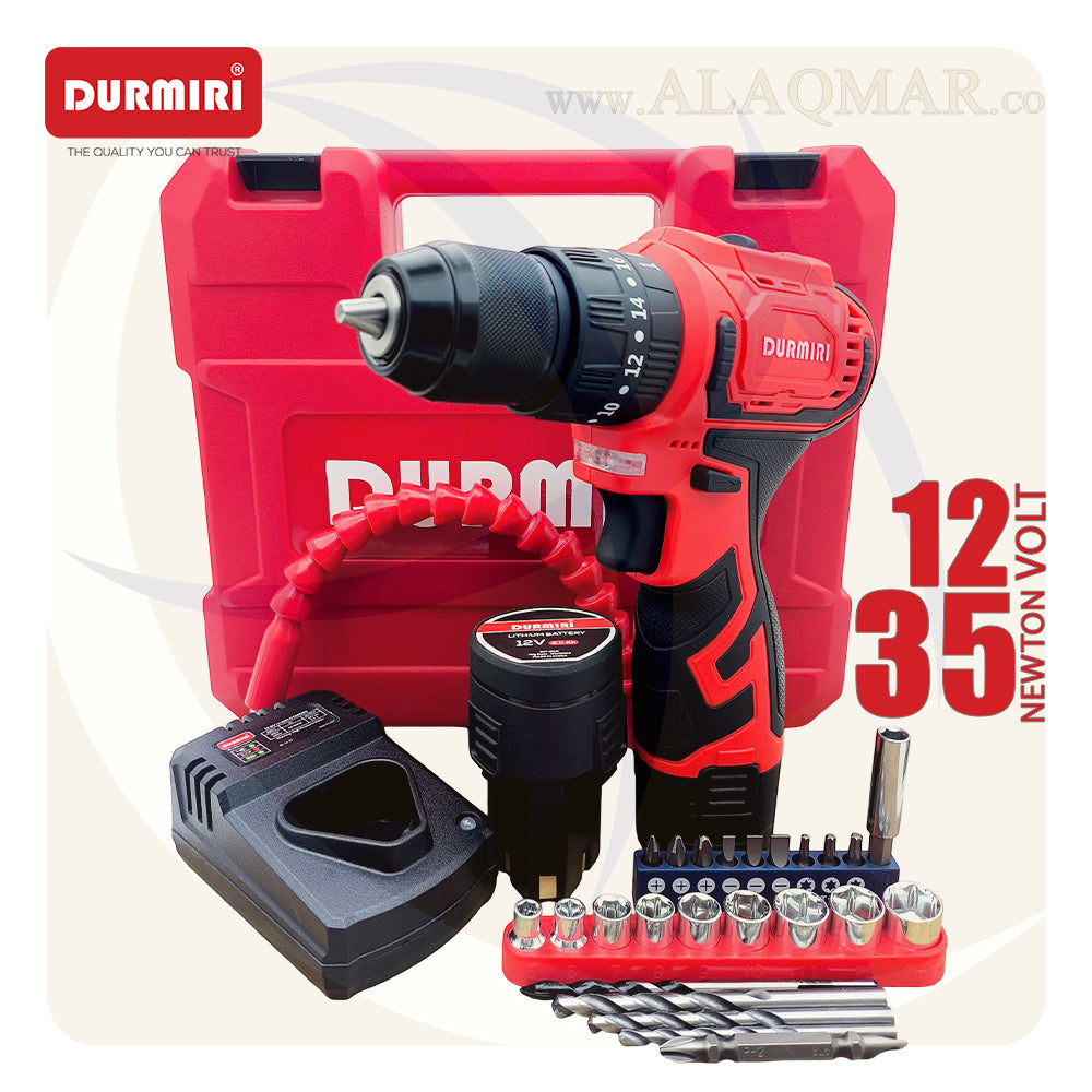 شنيور بطارية دقاق برشلس 12فولت 35نيوتن ظرف معدن 10ملي 2بطارية 2امبير Li-Ion + كيت DM-1134 DURMIRI