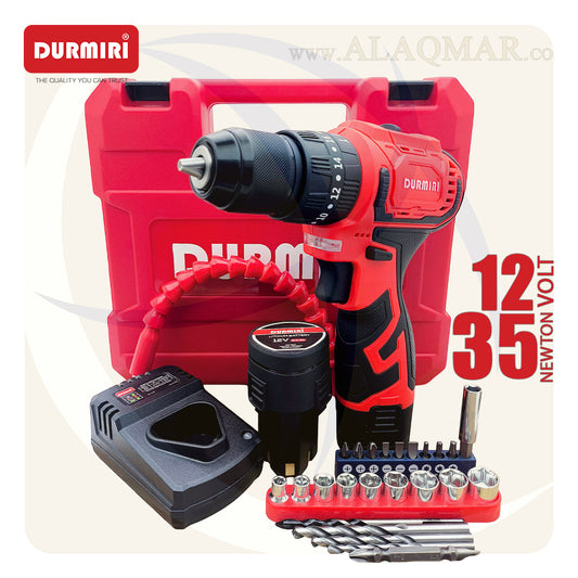شنيور بطارية دقاق برشلس 12فولت 35نيوتن ظرف معدن 10ملي 2بطارية 2امبير Li-Ion + كيت DM-1134 DURMIRI