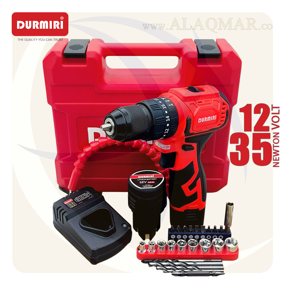 شنيور بطارية دقاق برشلس 12فولت 35نيوتن ظرف معدن 10ملي 2بطارية 2امبير Li-Ion + كيت DM-1134 DURMIRI