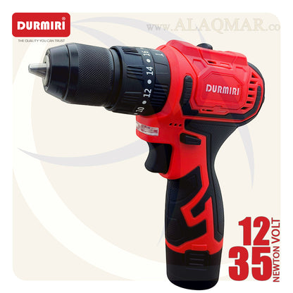 شنيور بطارية دقاق برشلس 12فولت 35نيوتن ظرف معدن 10ملي 2بطارية 2امبير Li-Ion + كيت DM-1134 DURMIRI