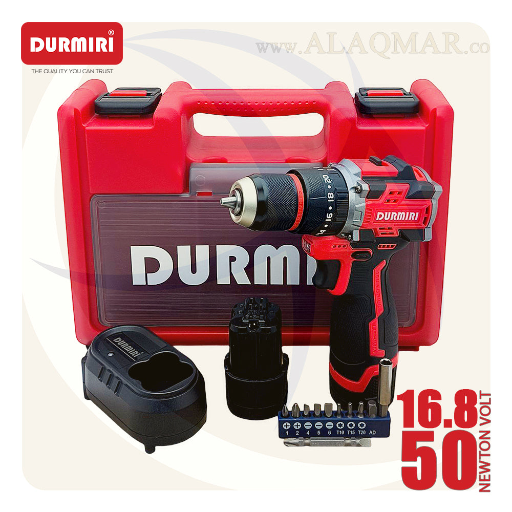 شنيور بطارية دقاق برشلس 16.8فولت 50نيوتن ظرف معدن 10ملي 2بطارية 2امبير Li-Ion + كيت DM-1135 DURMIRI