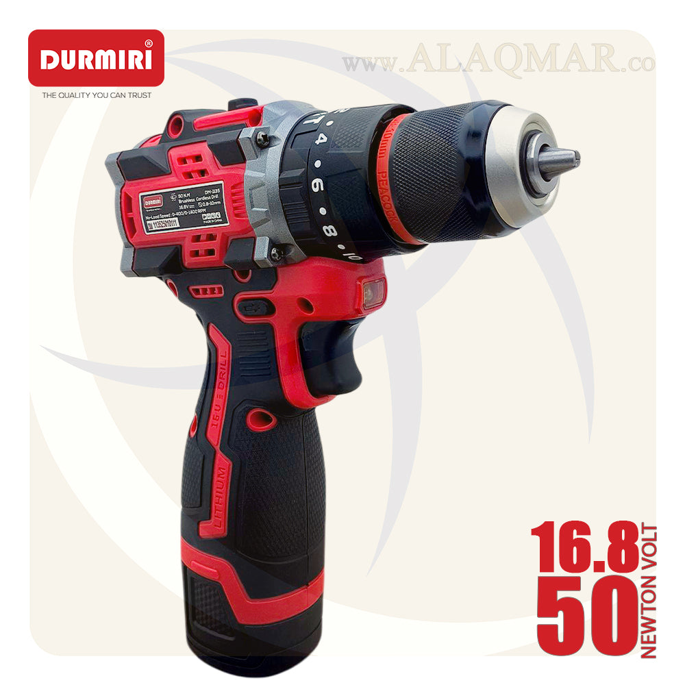 شنيور بطارية دقاق برشلس 16.8فولت 50نيوتن ظرف معدن 10ملي 2بطارية 2امبير Li-Ion + كيت DM-1135 DURMIRI