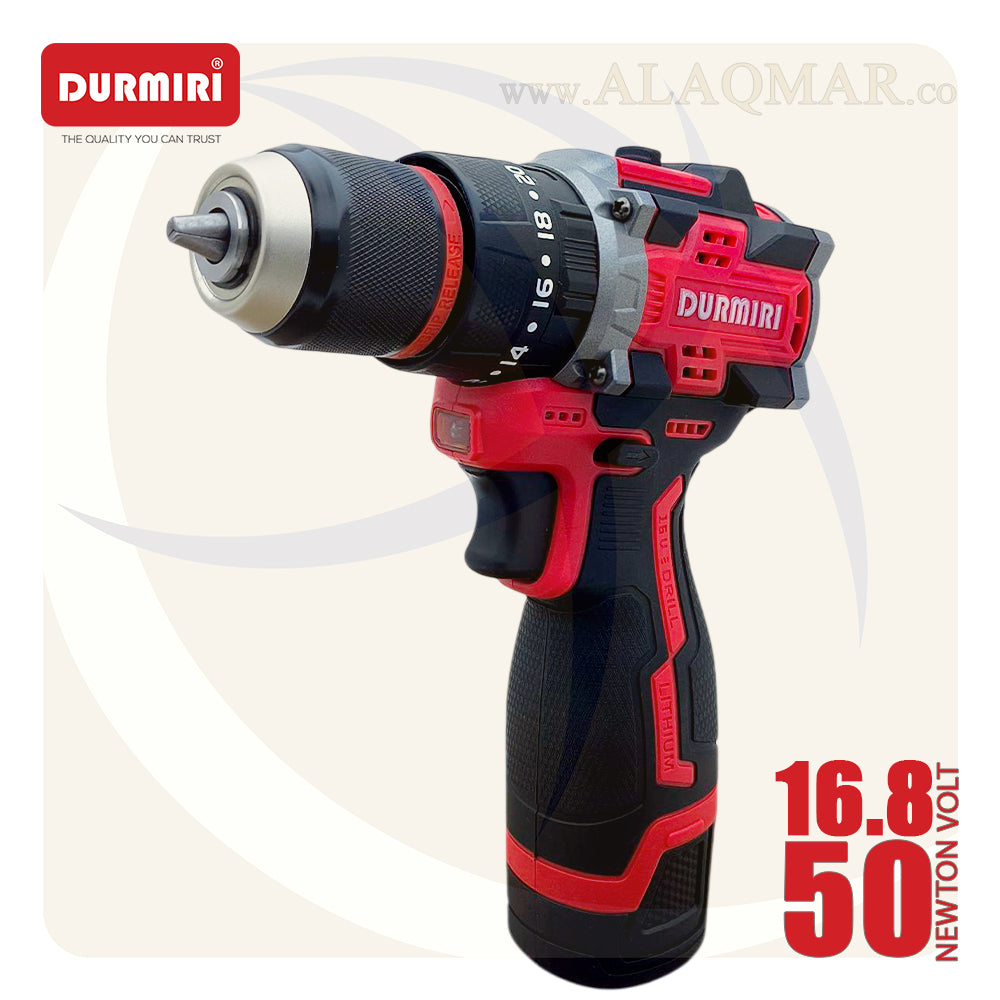 شنيور بطارية دقاق برشلس 16.8فولت 50نيوتن ظرف معدن 10ملي 2بطارية 2امبير Li-Ion + كيت DM-1135 DURMIRI