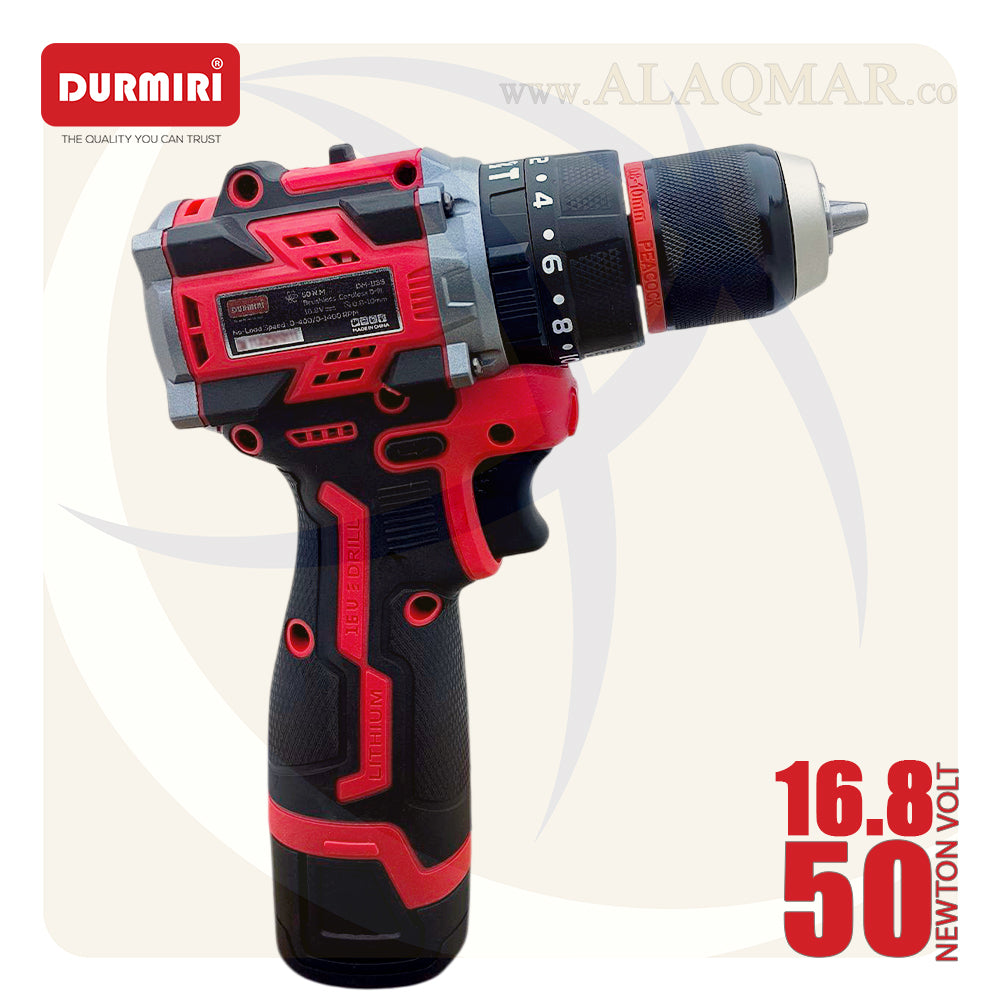 شنيور بطارية دقاق برشلس 16.8فولت 50نيوتن ظرف معدن 10ملي 2بطارية 2امبير Li-Ion + كيت DM-1135 DURMIRI