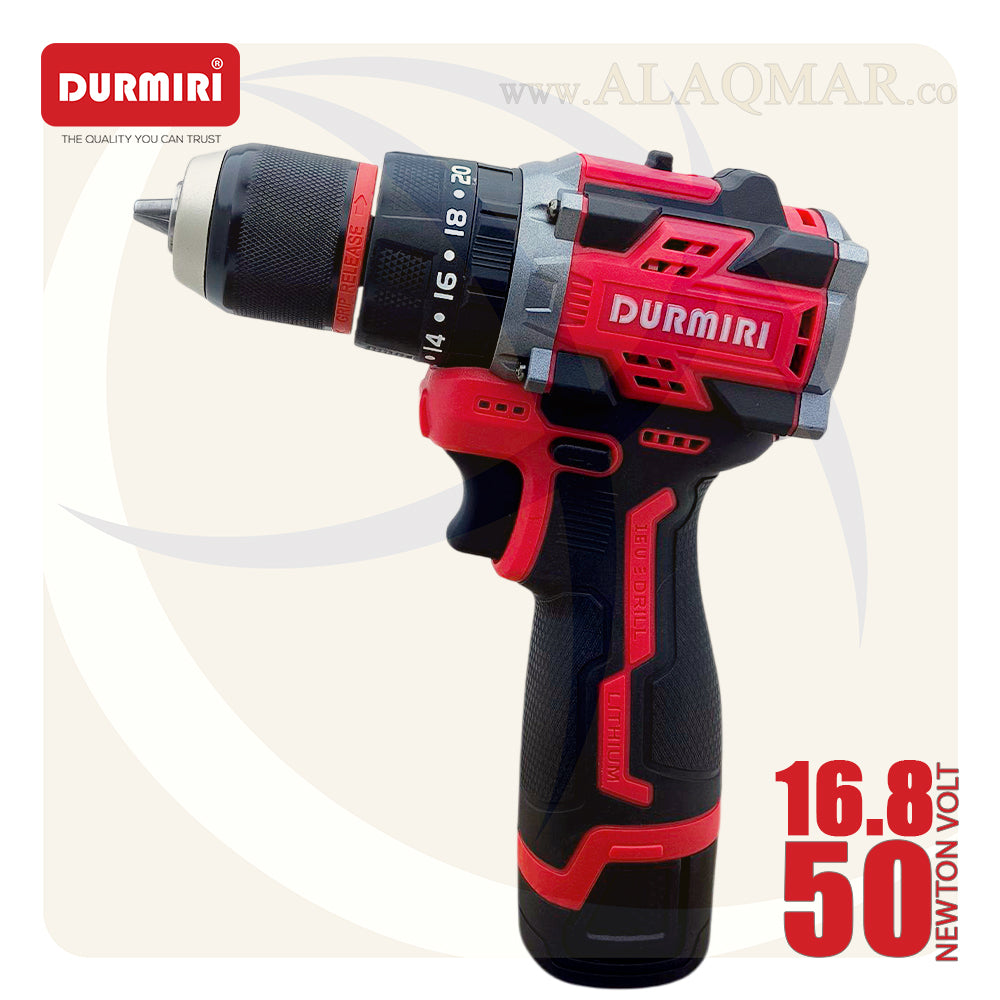 شنيور بطارية دقاق برشلس 16.8فولت 50نيوتن ظرف معدن 10ملي 2بطارية 2امبير Li-Ion + كيت DM-1135 DURMIRI