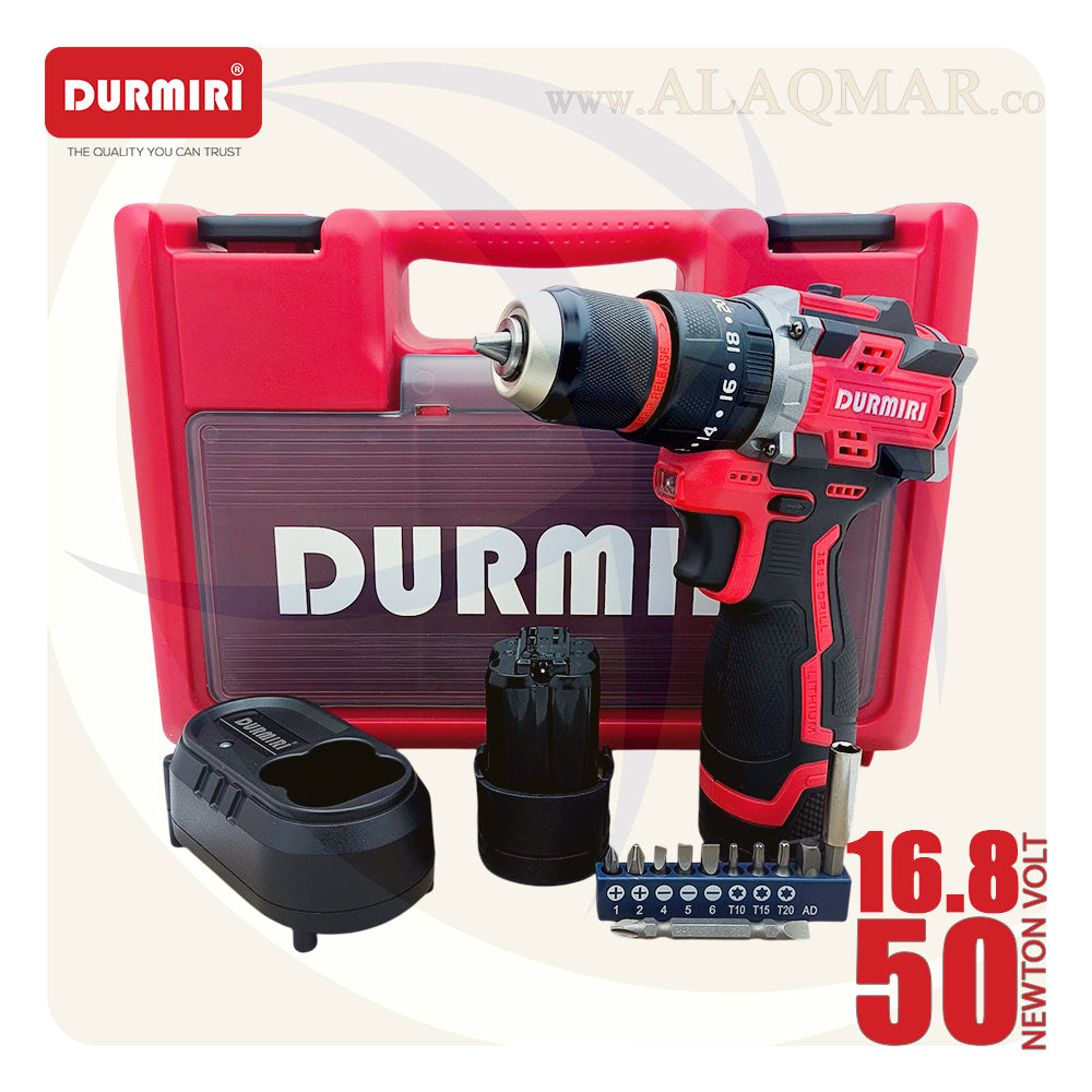 شنيور بطارية دقاق برشلس 16.8فولت 50نيوتن ظرف معدن 10ملي 2بطارية 2امبير Li-Ion + كيت DM-1135 DURMIRI