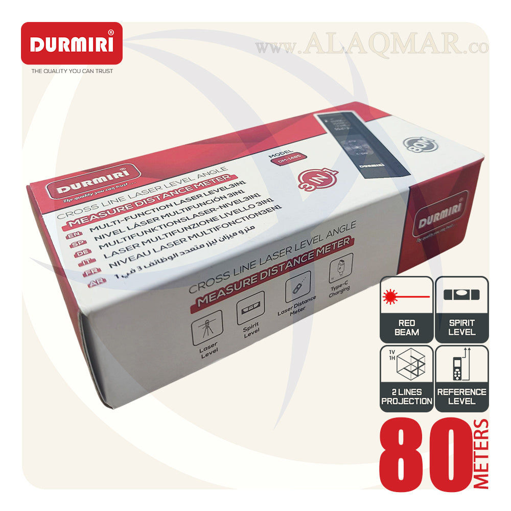 متر ليزر 80متر + ميزان ليزر 2خط 15متر  خط احمر DM-1485 DURMIRI