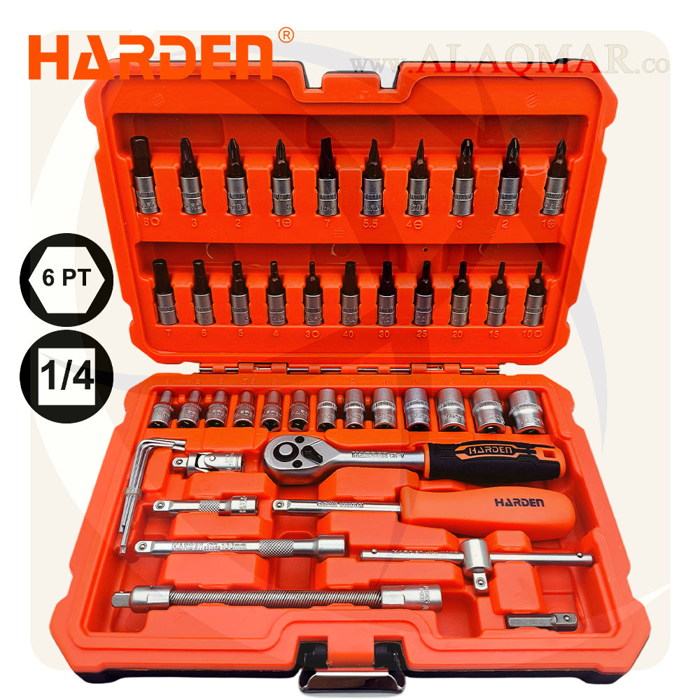 طقم لقم رباط مسدسة و لقم سن مفك علي مربع 1/4بوصة 46 قطعة شنطة بلاستيك CrV 510346 HARDEN