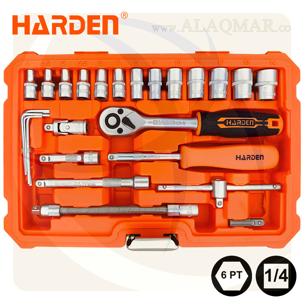 طقم لقم رباط مسدسة و لقم سن مفك علي مربع 1/4بوصة 46 قطعة شنطة بلاستيك CrV 510346 HARDEN