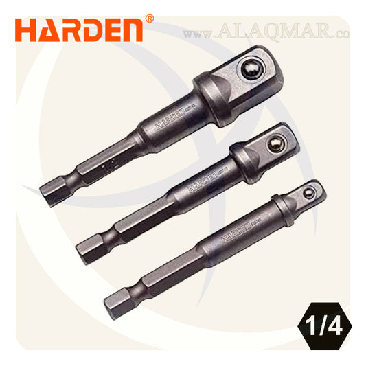 طقم ادابتر لقمة رباط 3ق من اكس مسدس 1/4بوصة الي مربع 1/4+3/8+1/2بوصة طول 50ملي CrV 550733 HARDEN