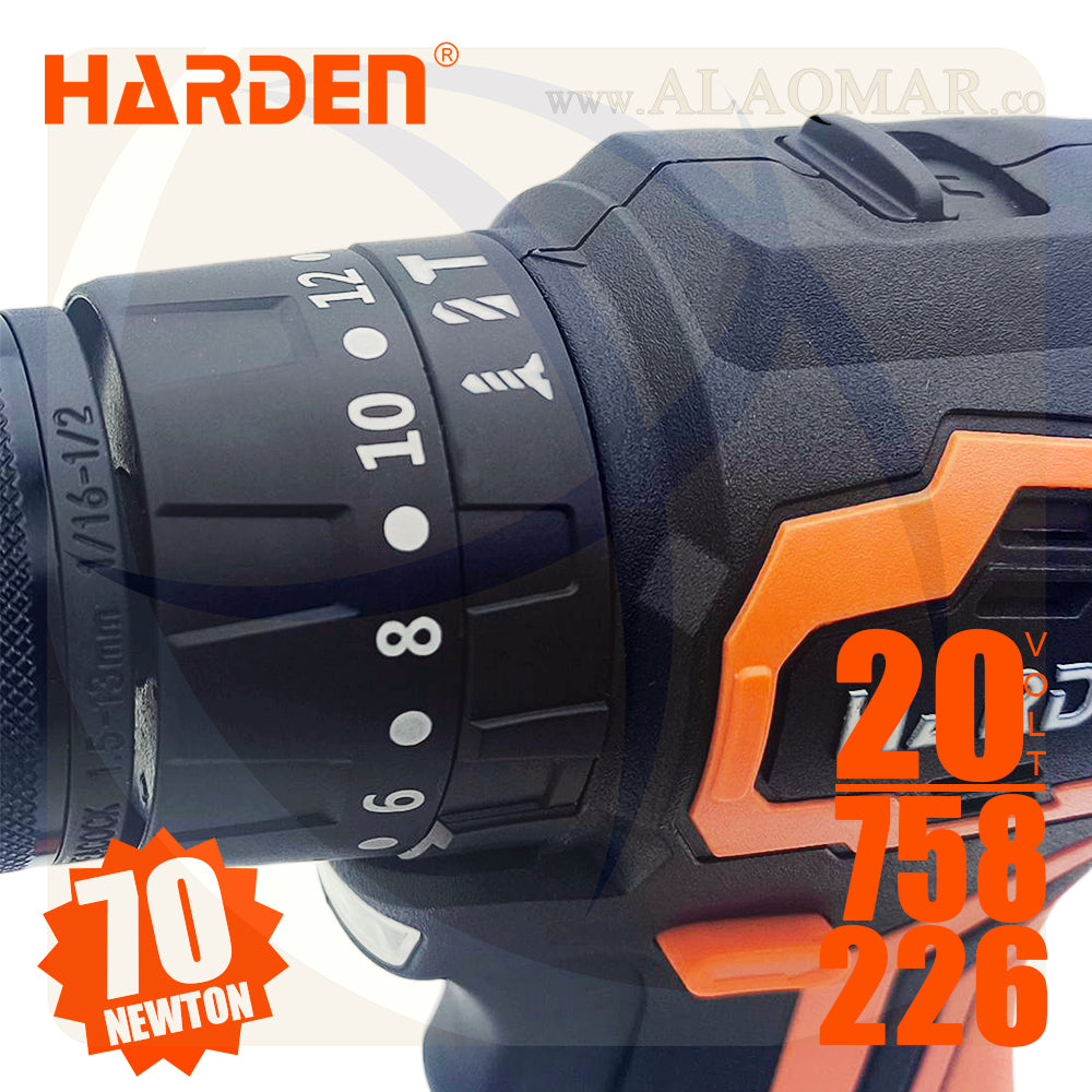 شنيور بطارية دقاق برشلس 20فولت 70نيوتن ظرف معدن 13ملي 2بطارية 2امبير Li-Ion + كيت 758226 HARDEN