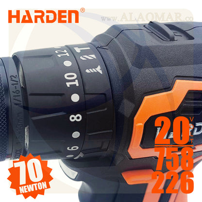 شنيور بطارية دقاق برشلس 20فولت 70نيوتن ظرف معدن 13ملي 2بطارية 2امبير Li-Ion + كيت 758226 HARDEN