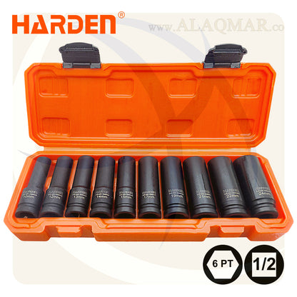 طقم لقمة رباط تصادمية مسدسة طويلة مربع 1/2بوصة 10 قطعة شنطة فيبر CrMo 537020 HARDEN