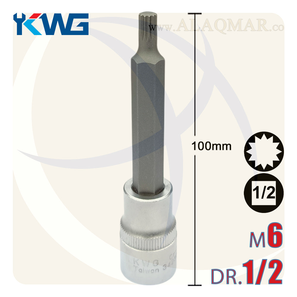 لقمة رباط الن نجمة مشرشرة طويلة M6 مربع 1/2بوصة طول 100ملي CrV M.34230206 KWG
