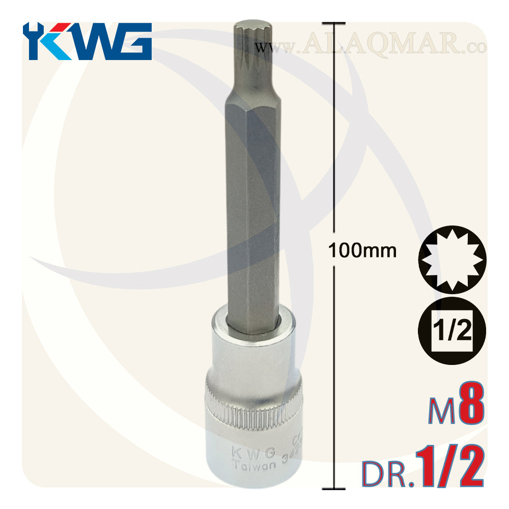 لقمة رباط الن نجمة مشرشرة طويلة M8 مربع 1/2بوصة طول 100ملي CrV M.34230208 KWG