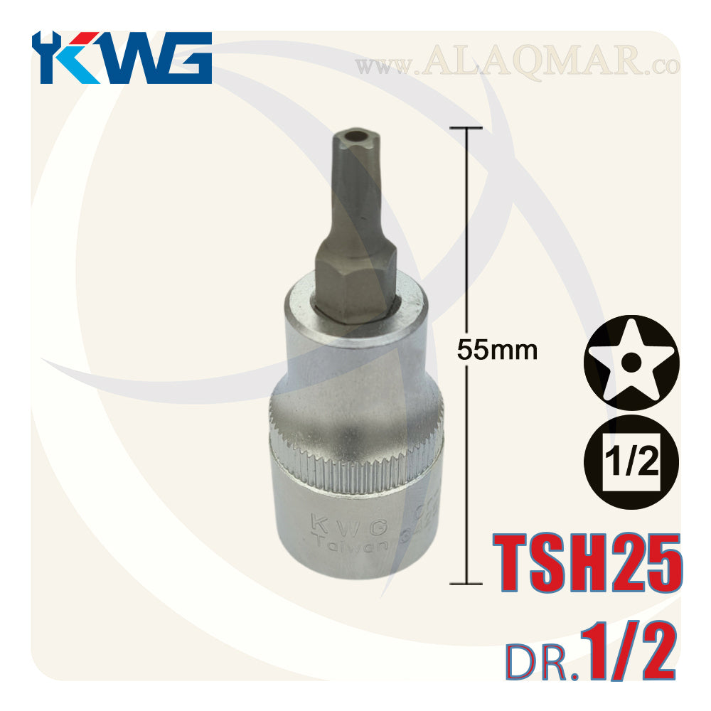 لقمة رباط الن نجمة 5سن بدليل T25 مربع 1/2بوصة طول 55ملي CrV M.342525H KWG